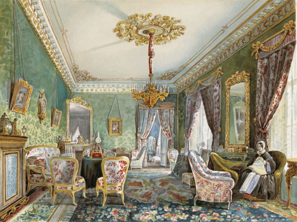 Tikhobrazov, intérieur, 1844, aquarelle. L’intérieur aristocrate est un genre qui se développe dans l’art élitiste de la Russie du XIXe siècle.