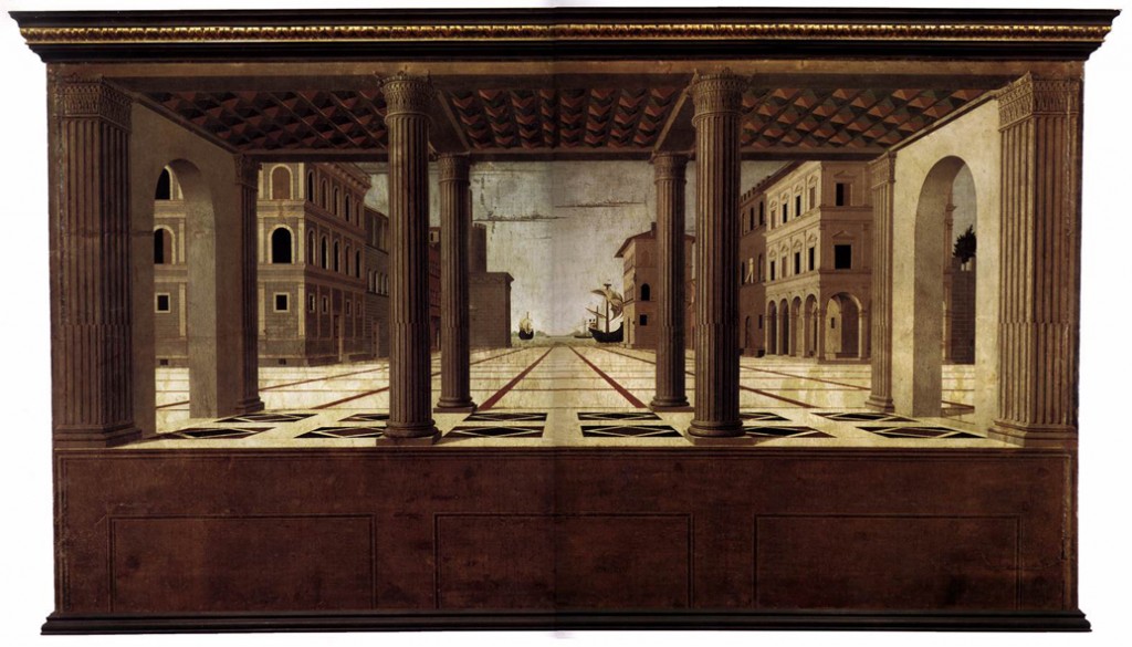 Fra Carnevale, perspective architectonique, XVe siècle : la construction est rigoureuse et géométrique, typique de la Renaissance. L’homme et ses oeuvres architecturales sont au centre de la représentation.