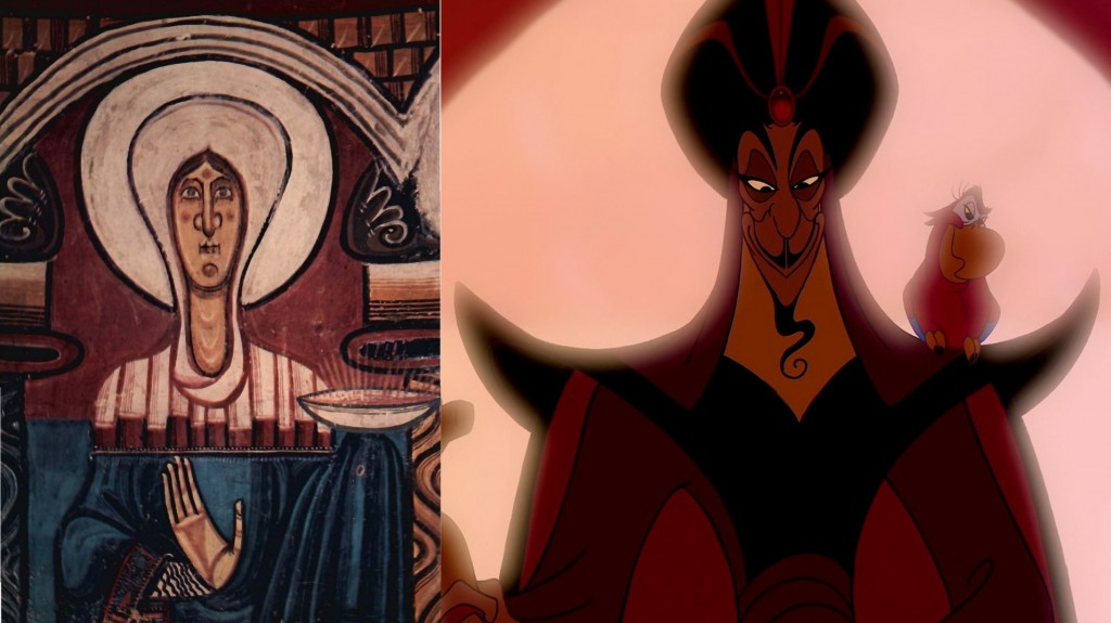 Maître de Tahull, La Vierge, début XIIe, fresque catalane / image extraite d'Aladdin, Disney, 1992