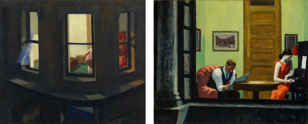 À gauche : Edward Hopper, Night Windows, 1928, huile sur toile, 73,7cm x 86,4cm, New York, MoMA. Source : http://www.moma.org/collection/works/79270?locale=fr. À droite : Edward Hopper, Room in New York, 1932, huile sur toile, 74,4cm x 93cm, Lincoln (Nebraska), Sheldon Museum of Art. Source : http://www.sheldonartmuseum.org/collection/genre. (intimités urbaines et photographie)