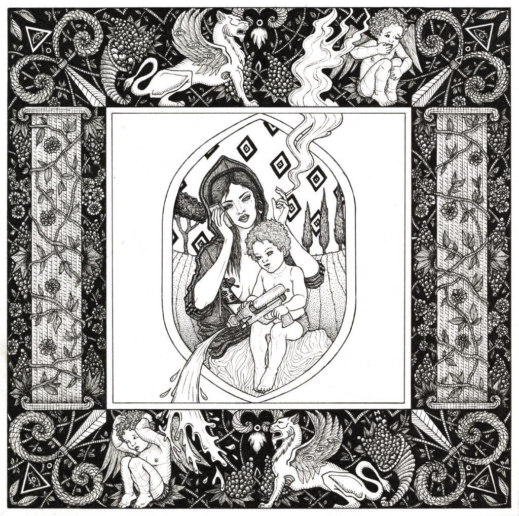 ￼© Maya McCallum – Mother and child, ￼série Daydreaming #3, 2016/2017 encre sur papier - 21 x 21 cm