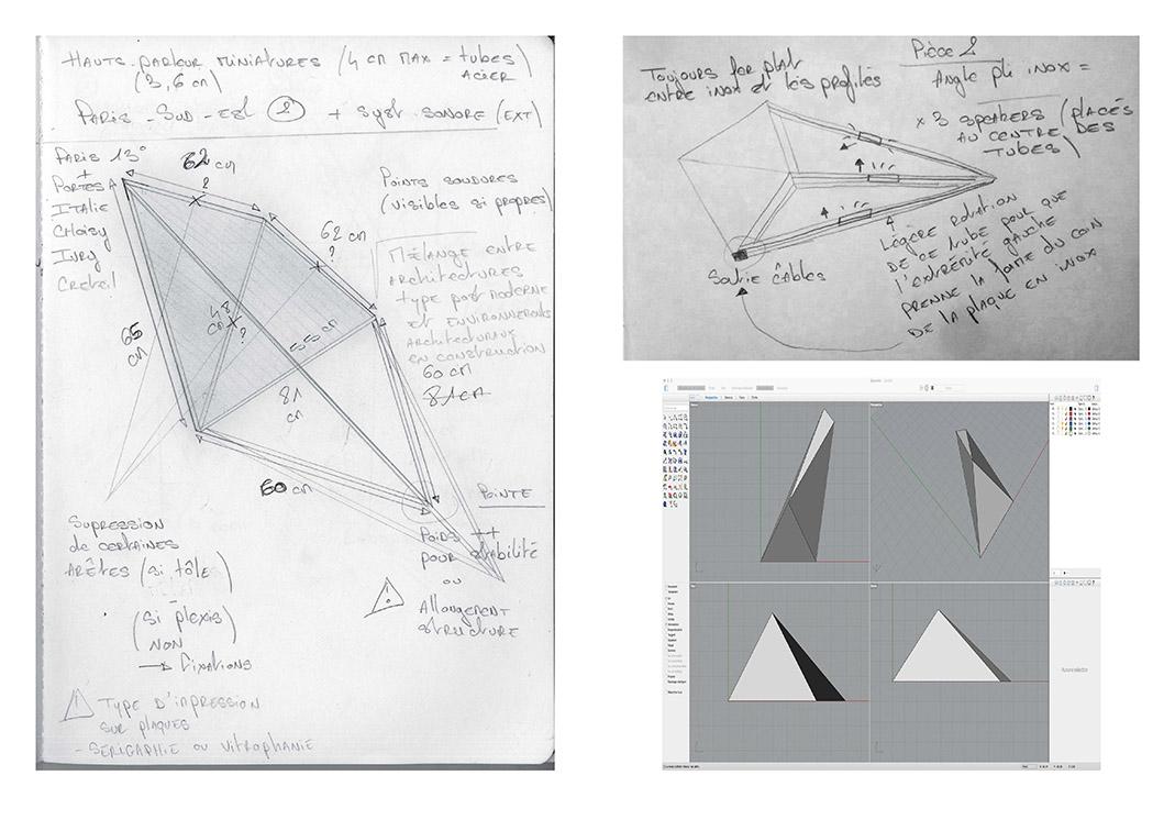 Dessins préparatoires et modélisation 3D pour Sites II Paris Sud-Est, 2017 ©Bérénice Lefebvre